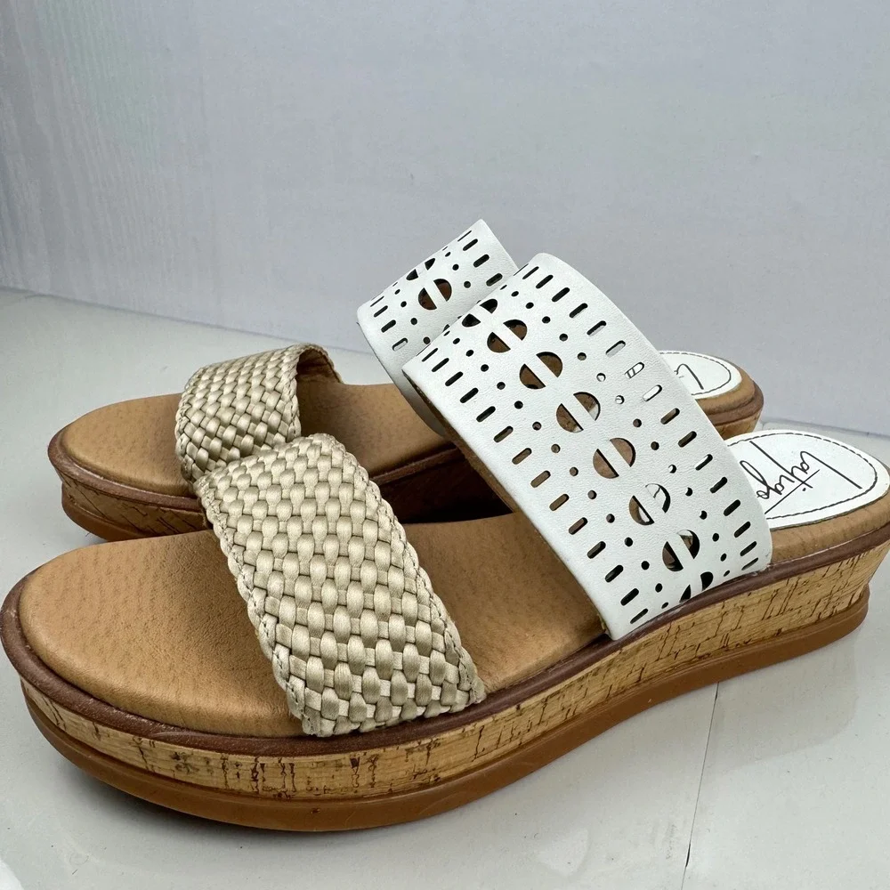 Latigo Kate White Wedge Slide Sandals Women Size 8‎ Cork Wedge Laser Cut